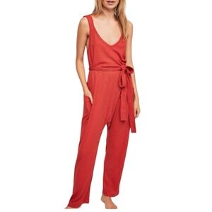 Free People Heartbreaker Waffle Knit Jumpsuit Orange Boho Hippie Festival Medium